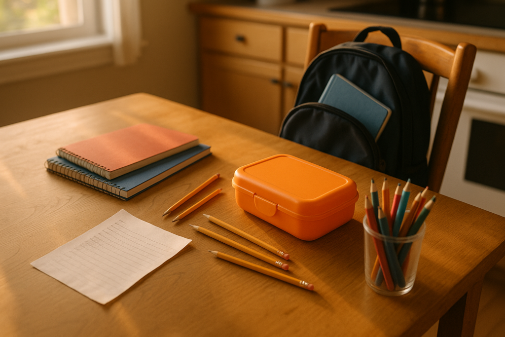Küchentisch mit Heften, Stiften, Brotdose und Schulranzen im Morgenlicht