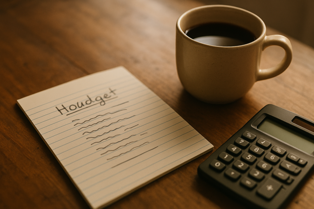 Handgeschriebene Budgetliste mit Taschenrechner und Kaffeetasse auf einem Holztisch