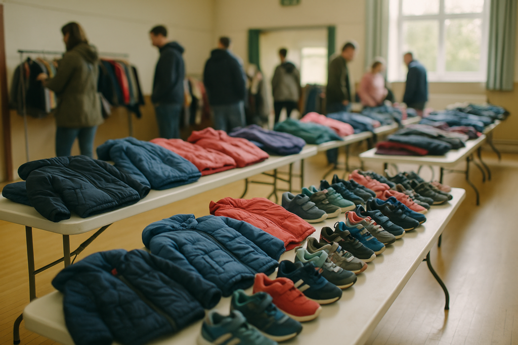 Tische mit gebrauchter Kinderkleidung und Sportschuhen bei einer Kleiderbörse