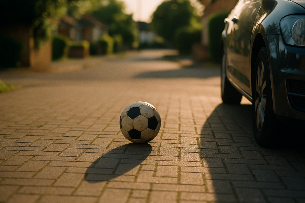 Fußball rollt über eine Einfahrt in Richtung eines geparkten Autos